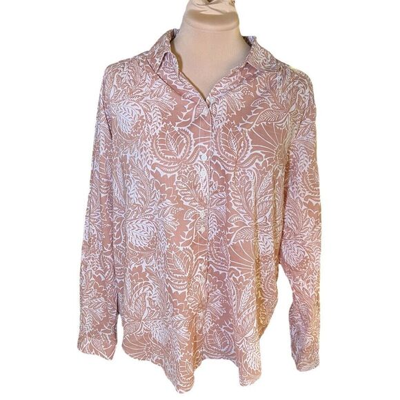 Lilla P SZ M Women Leaf Botanical Print 100% Cotton Button Down Shirt MSRP $139 - Picture 1 of 9